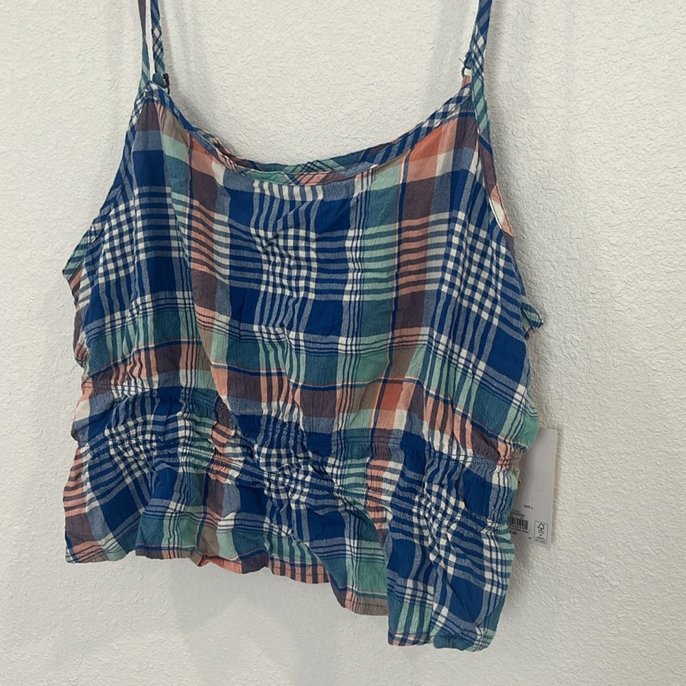 NWT L SO blue plaid cami crop top with ruffle waist